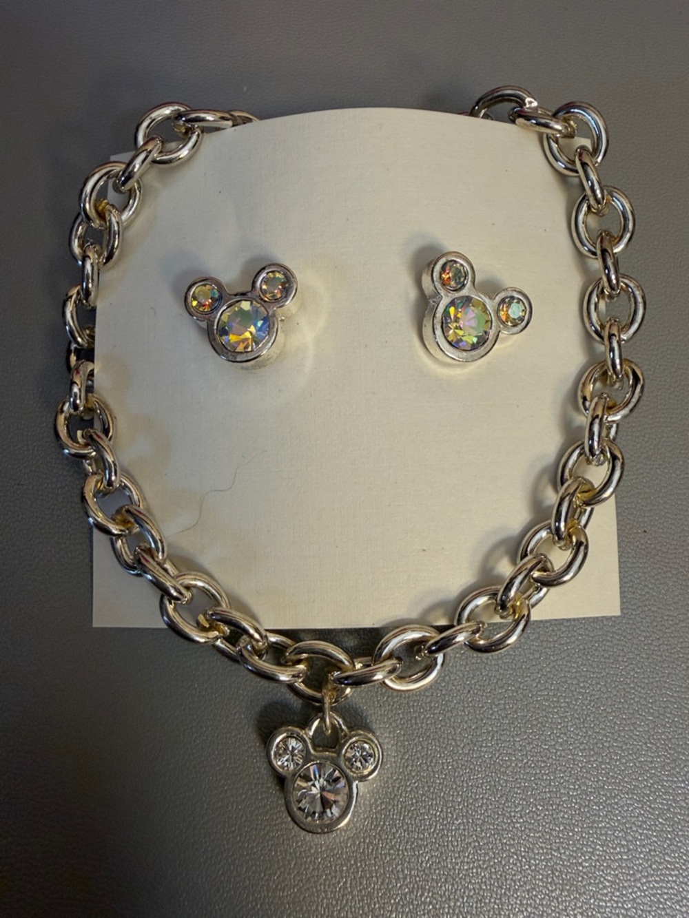 Disney Silver Aurora Crystal Mickey Necklace and Earring Set